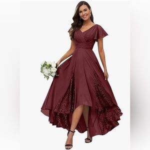 Pomuyoo Tea Length Lace Appliques Chiffon Burgundy Dress Size 8